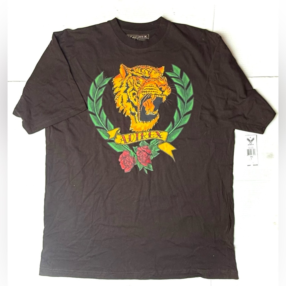 Avirex Mens XXL Tiger Embellished Gold Jewel Rose T-Shirt Brown Yellow Tee Y2K‎